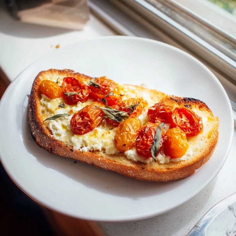 Fresh basil tops warm baked feta toast with roasted tomatoes on crusty sourdough slices.