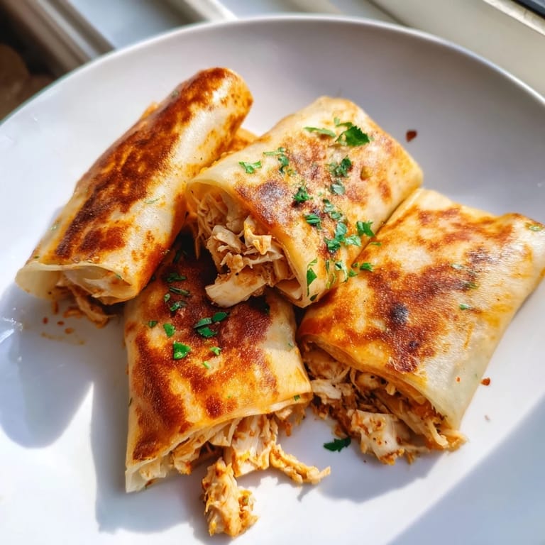 The golden-crisp rice paper reveals a filling of garlic-butter shredded chicken, shredded lettuce, and julienned carrots.