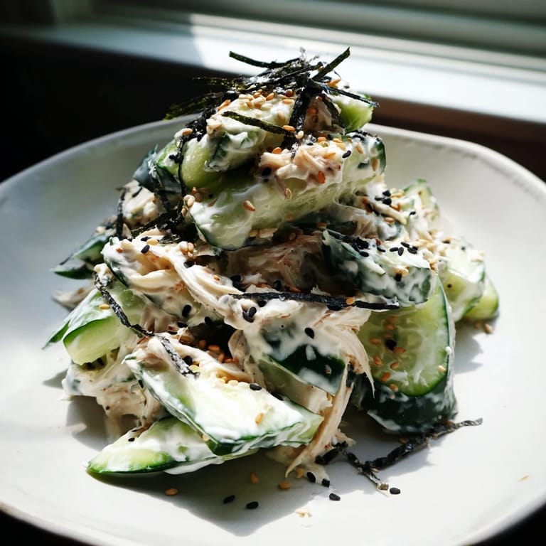 California Roll Cucumber Salad served in a bowl topped with nori strips and pickled ginger.  