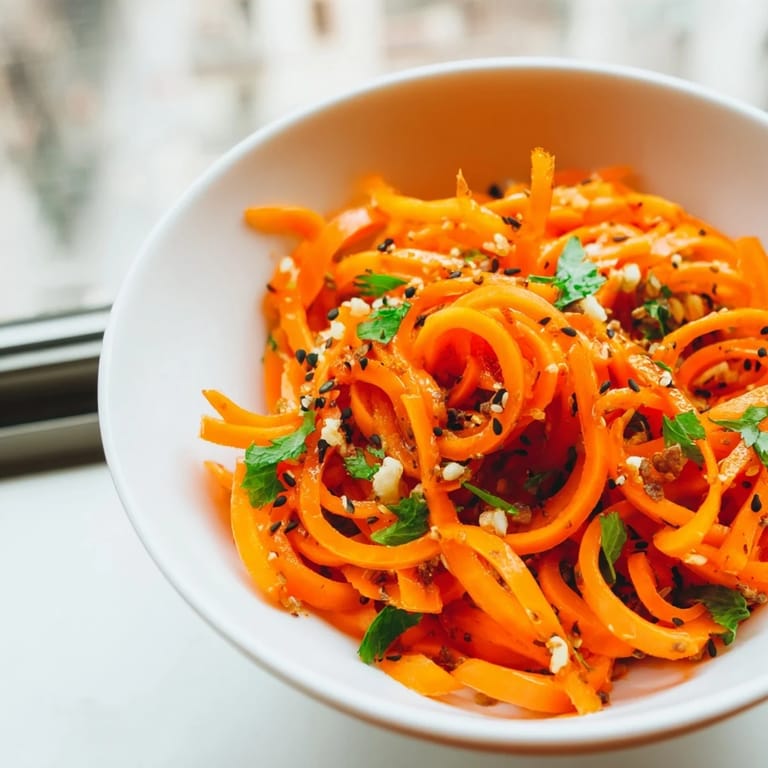 Bright spiralized carrots in Carrot Ribbon Salad Asian-Style are tossed with a savory soy-sesame dressing.