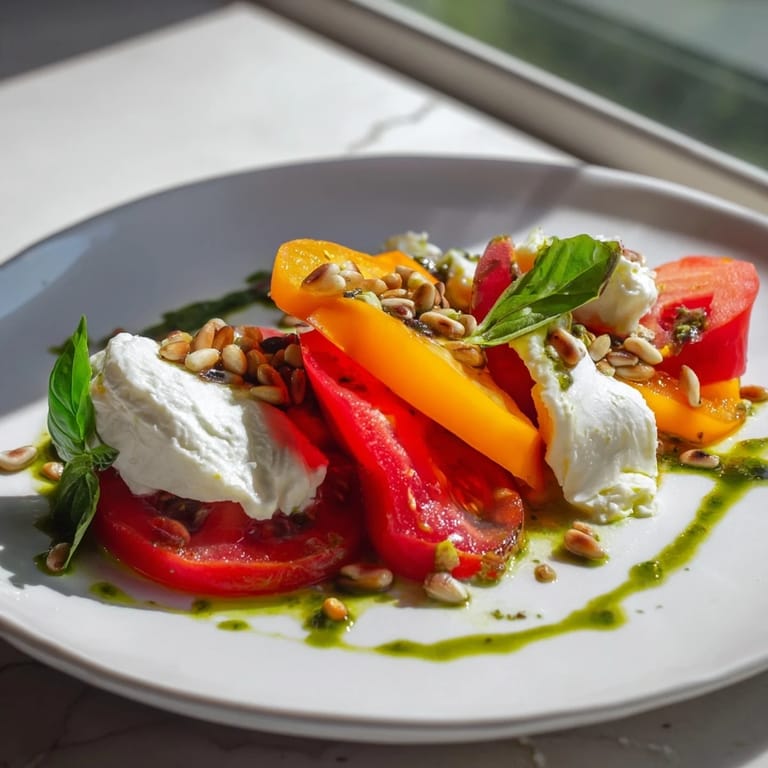 A fresh heirloom tomato salad board featuring juicy slices, creamy burrata, and basil oil, perfect with crusty bread.