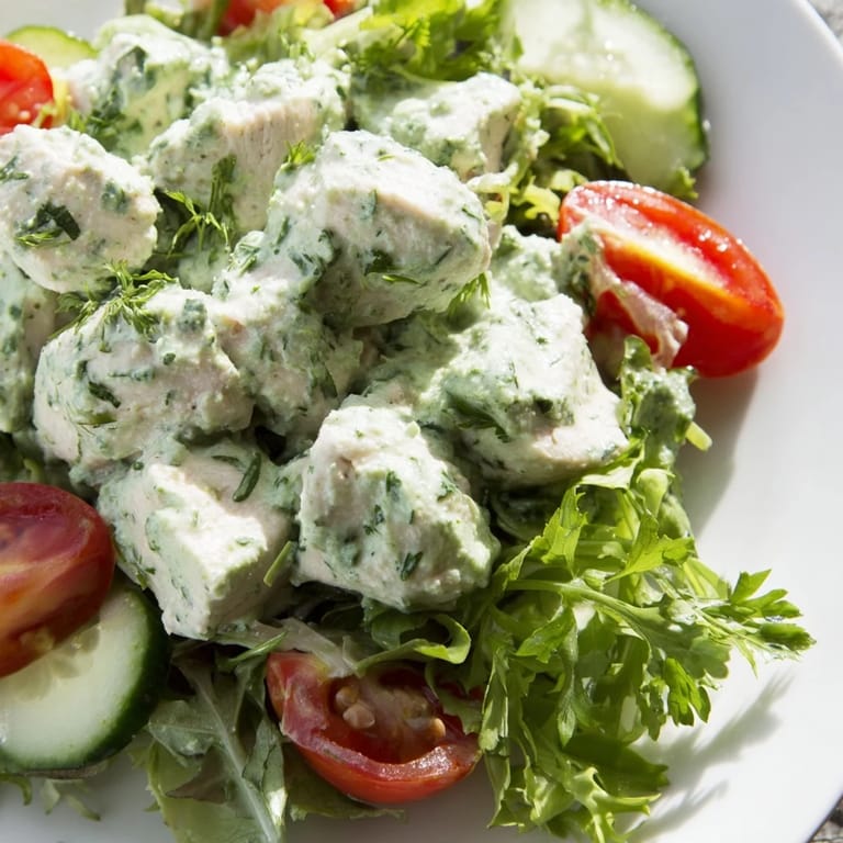 Close-up of creamy Green Goddess chicken salad with cherry tomatoes and cucumbers, a protein-packed main dish for lunch.