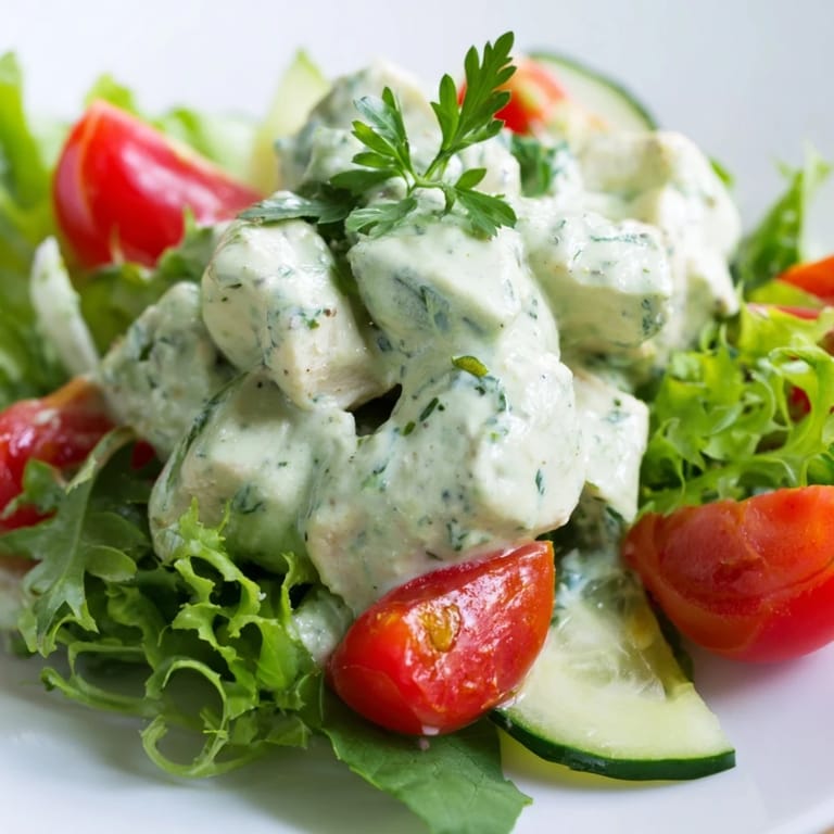 A plated serving of juicy Green Goddess chicken salad, drizzled with herb dressing and ready to enjoy immediately.