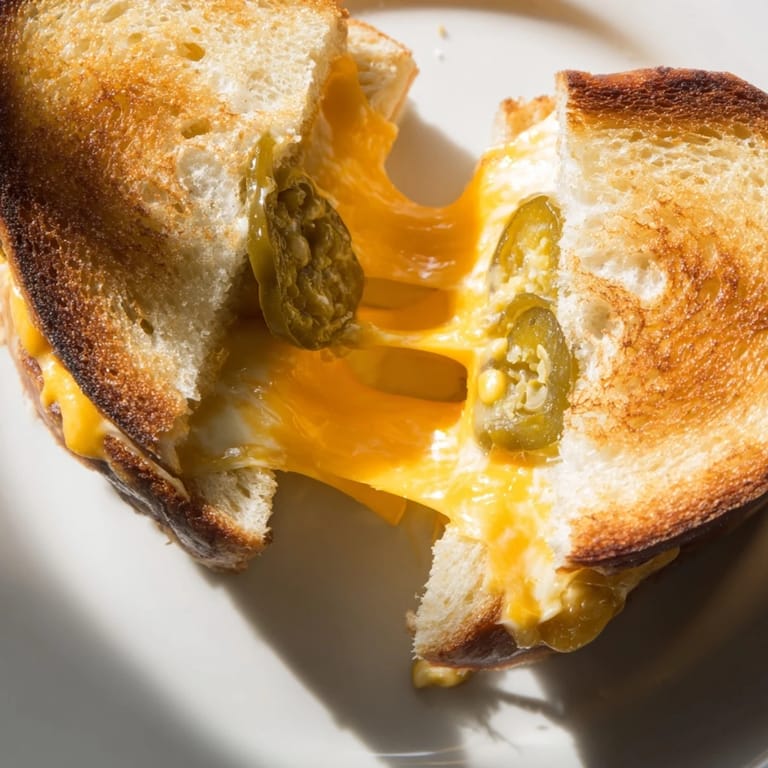 Golden-brown Cheddar Jalapeño Grilled Cheese slices rest beside a small bowl of creamy tomato soup, perfect for a cozy lunch or dinner.