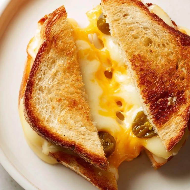 Cheddar Jalapeño Grilled Cheese on a cutting board, garnished with fresh chives, showcasing crispy, buttery bread and melty cheese with a spicy kick.