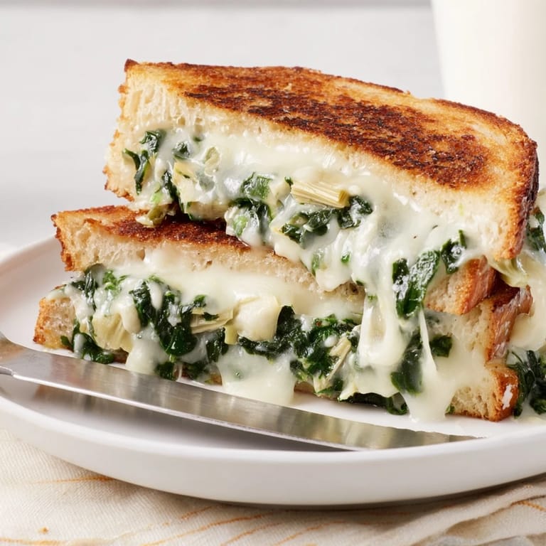Spinach Artichoke Grilled Cheese sandwich stacked high, served beside a steaming bowl of tomato soup.