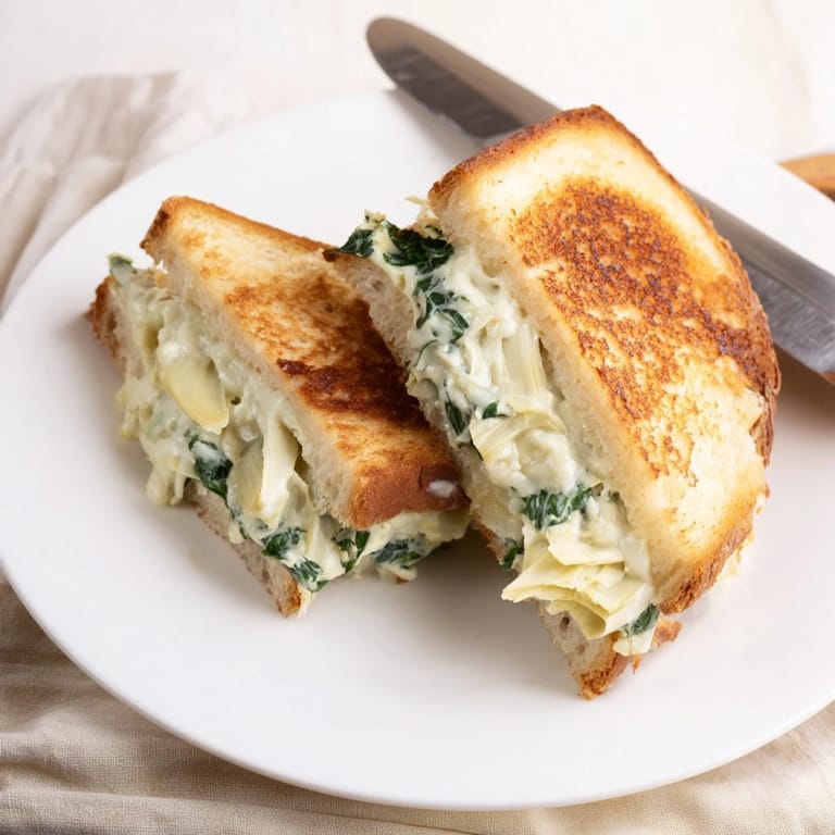 Close-up of Spinach Artichoke Grilled Cheese showing crisp crust and vibrant green spinach artichoke filling.