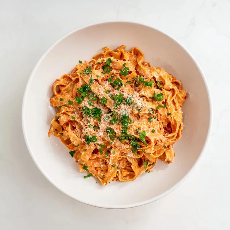 Savory Sriracha Honey Pasta tossed in a skillet, ready to serve with a crisp white wine.