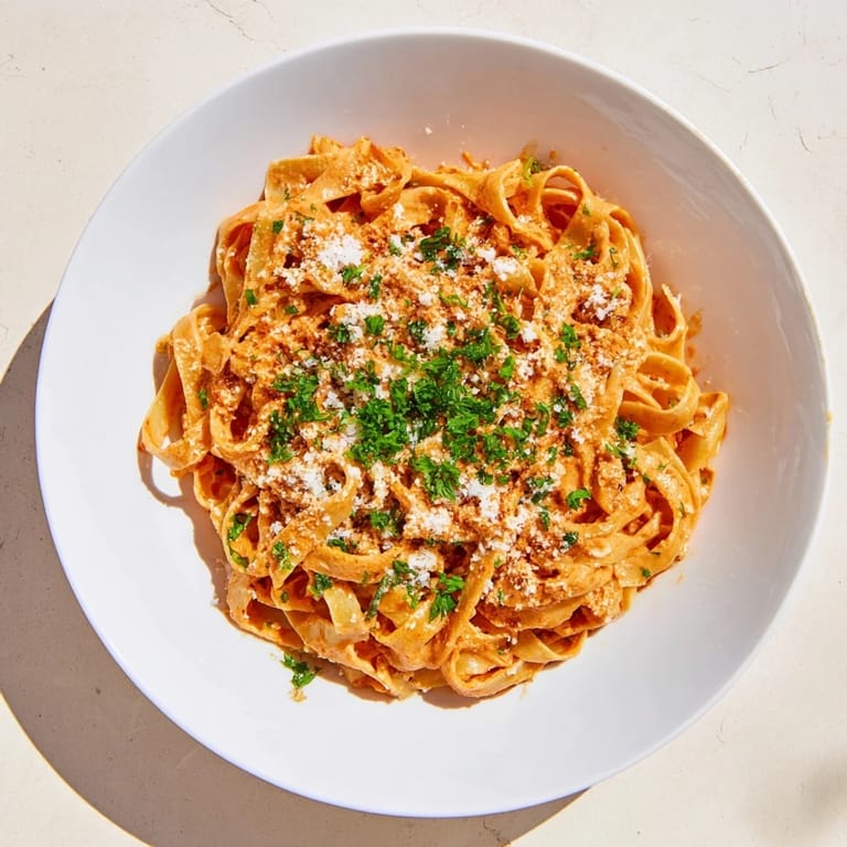 Spicy-sweet Sriracha Honey Pasta served steaming hot with extra parmesan and red pepper flakes.