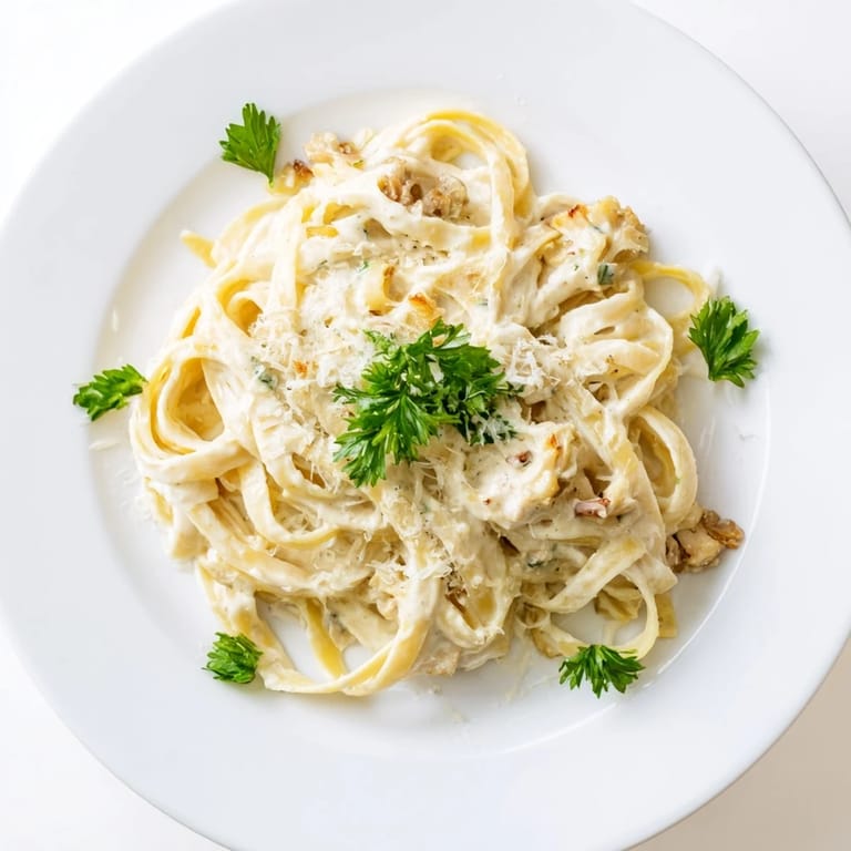 A close-up of Roasted Cauliflower Alfredo sauce coating fettuccine, with tender golden-brown cauliflower florets and melted butter visible throughout the dish.