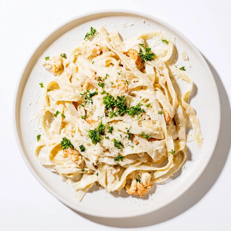 A generous serving of Roasted Cauliflower Alfredo pasta in a shallow bowl, featuring rich, creamy sauce and roasted cauliflower pieces, topped with fresh parsley.