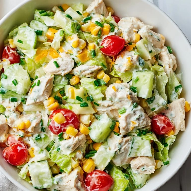 Fresh romaine and diced veggies in Ranch Chicken Chopped Salad, ready for a light lunch or summer dinner.