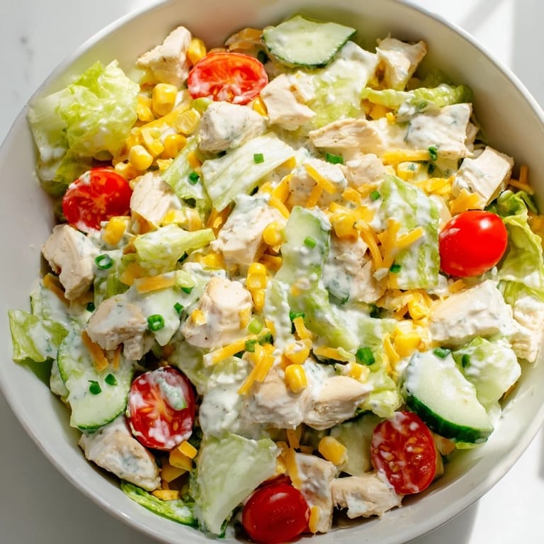 Serving suggestion for Ranch Chicken Chopped Salad featuring juicy tomatoes, crisp cucumbers, and herbs on a rustic table.