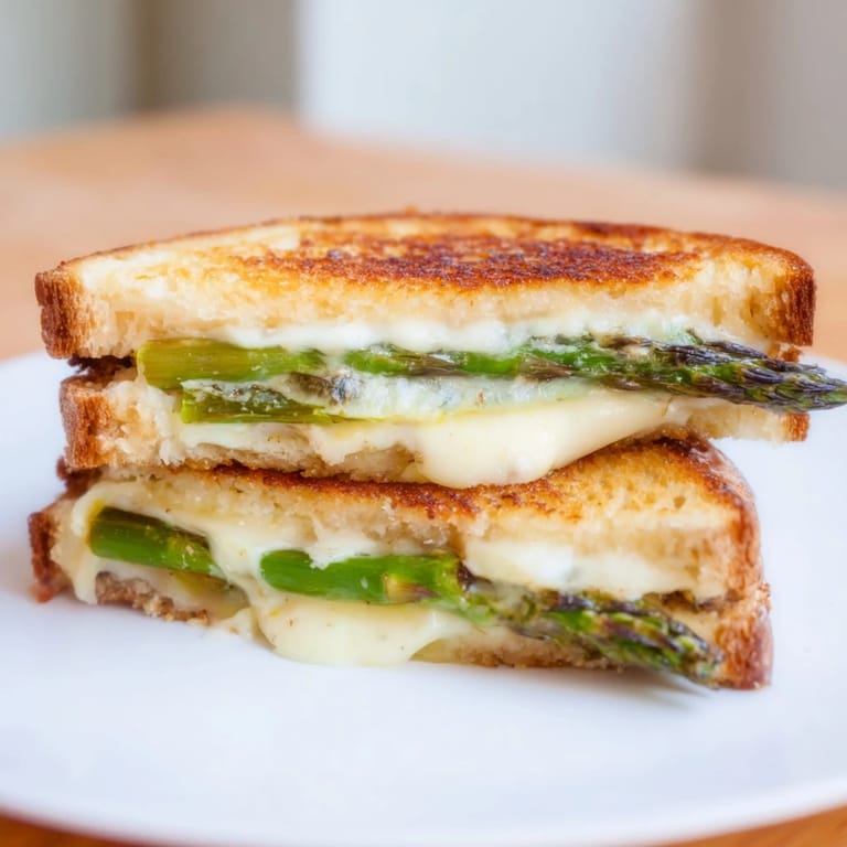 Melted Brie and grilled asparagus tucked between crispy bread slices, ready to be served warm.