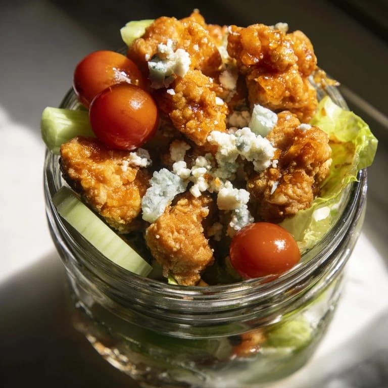 Hearty Crispy Chicken Cobb Jar Salad showcases golden baked chicken, hard-boiled egg, crisp romaine, and creamy avocado for an easy lunch.  