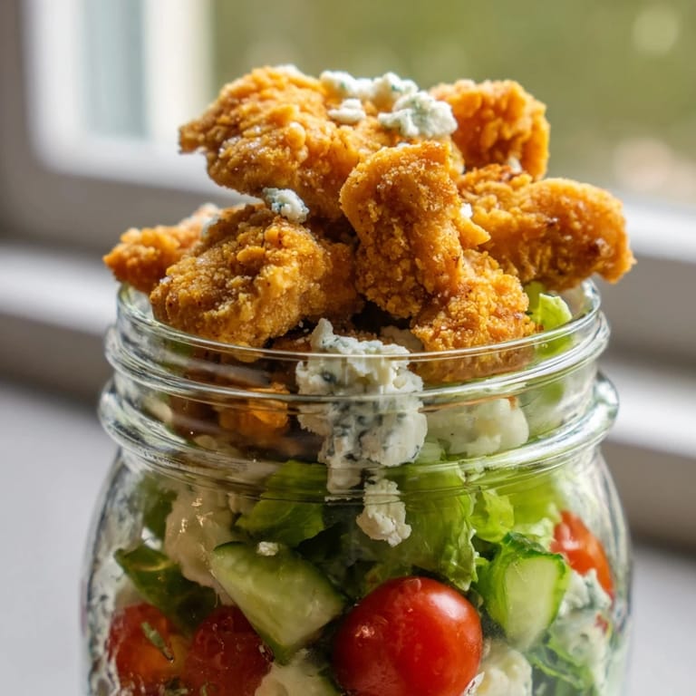 Colorful Crispy Chicken Cobb Jar Salad with cherry tomatoes, cucumber, and blue cheese, perfect for meal prep on busy weekdays.