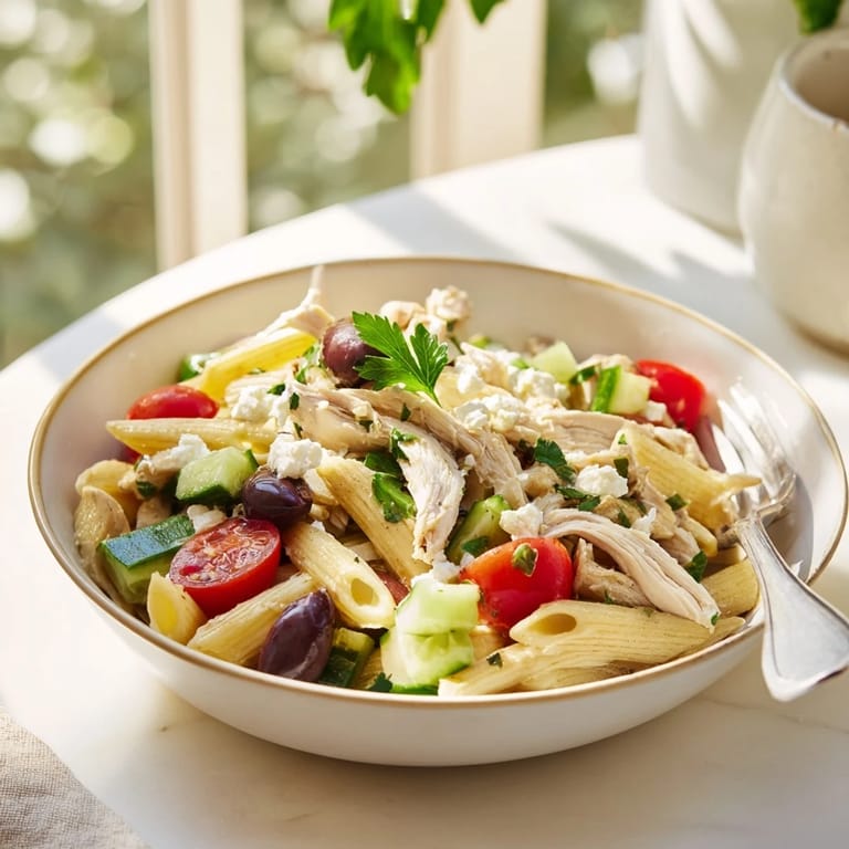 Tender grilled chicken slices rest atop Greek Chicken Pasta Bowl with crisp cucumbers, Kalamata olives, and a light dressing.