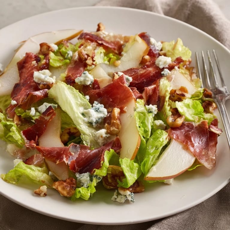 A close-up view reveals the rich textures of this savory salad, perfect for a light lunch or sophisticated starter.