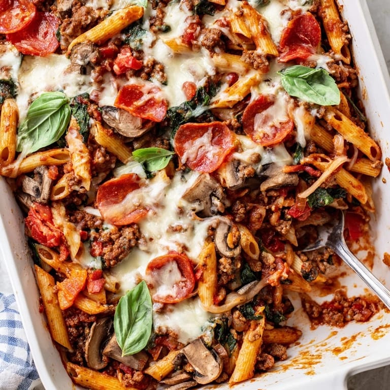 A hearty slice of High Protein Italian Beef and Pasta Bake reveals layers of lean ground beef, vegetables, and melted cheese.