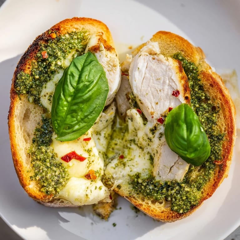 A vibrant open-faced Pesto Chicken Burrata Toast, featuring crusty bread, tender chicken, melted burrata, and a sprinkle of red pepper flakes.
