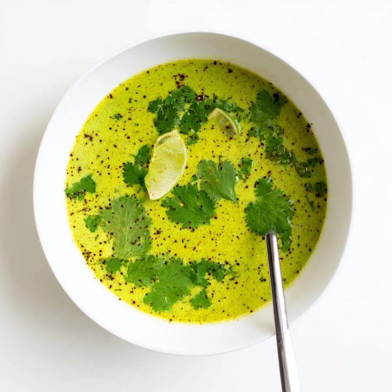 Steaming creamy Spinach Coriander Lemongrass Soup in a rustic white bowl with a spoon beside it.  