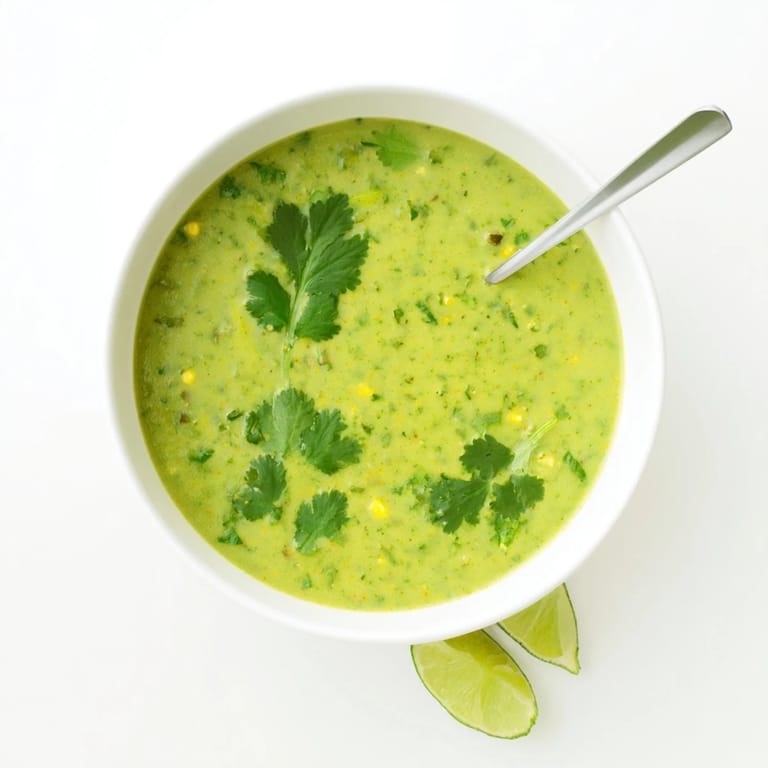 Close-up of the glossy green Spinach Coriander Lemongrass Soup topped with cilantro and a bright lime wedge.
