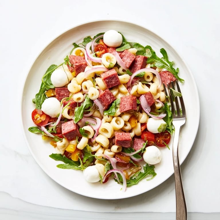 Spring Antipasto Pasta Salad served in a bowl, ready for a spring gathering with a light, tangy vinaigrette.