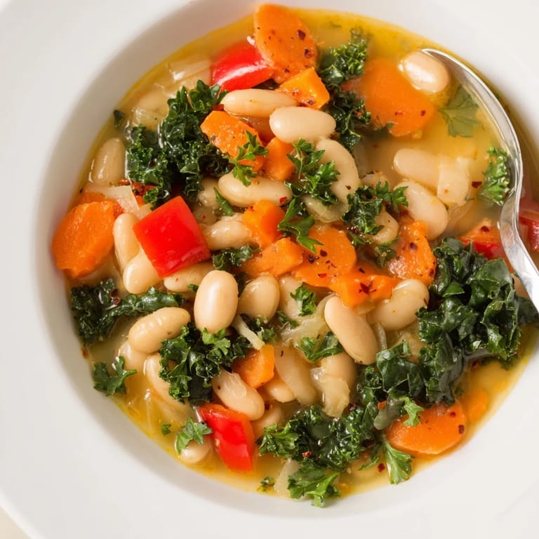 Hearty Mediterranean White Bean Stew served hot with lemon wedges and crusty bread on a rustic wooden table.