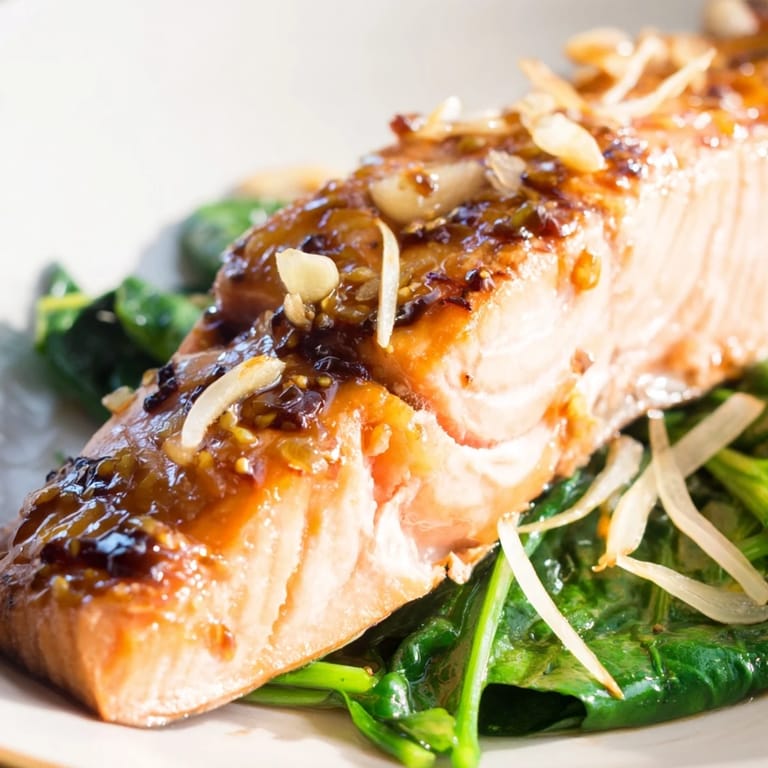 Freshly baked miso salmon sits atop a vibrant bed of sautéed spinach, garnished with ginger and ready for a weeknight dinner.