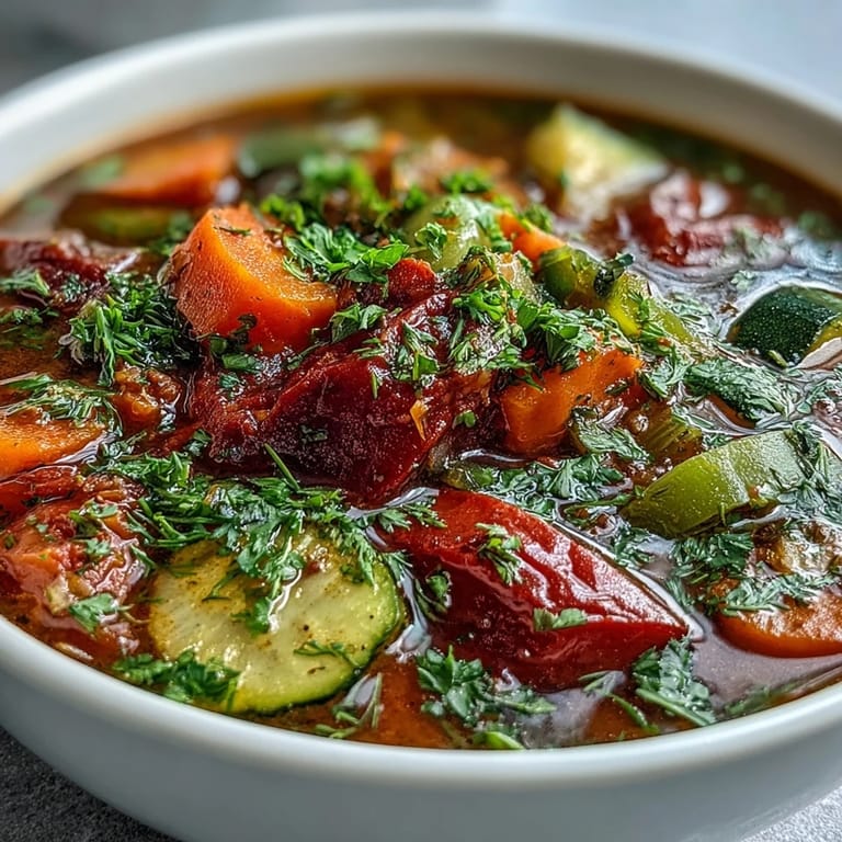 Charming bowl of Rainbow Vegetable Detox Soup, brimming with tender, fresh garden vegetables.