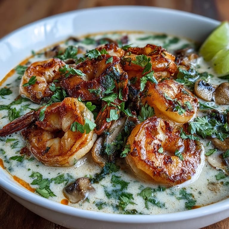 Spoon lifting succulent shrimp from fragrant Thai Coconut Shrimp Soup alongside steamed jasmine rice.