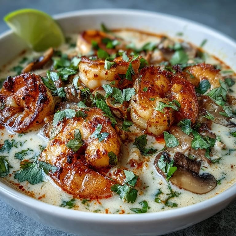 Thai Coconut Shrimp Soup in a rustic bowl with mushrooms and chili garnish, ready to serve.