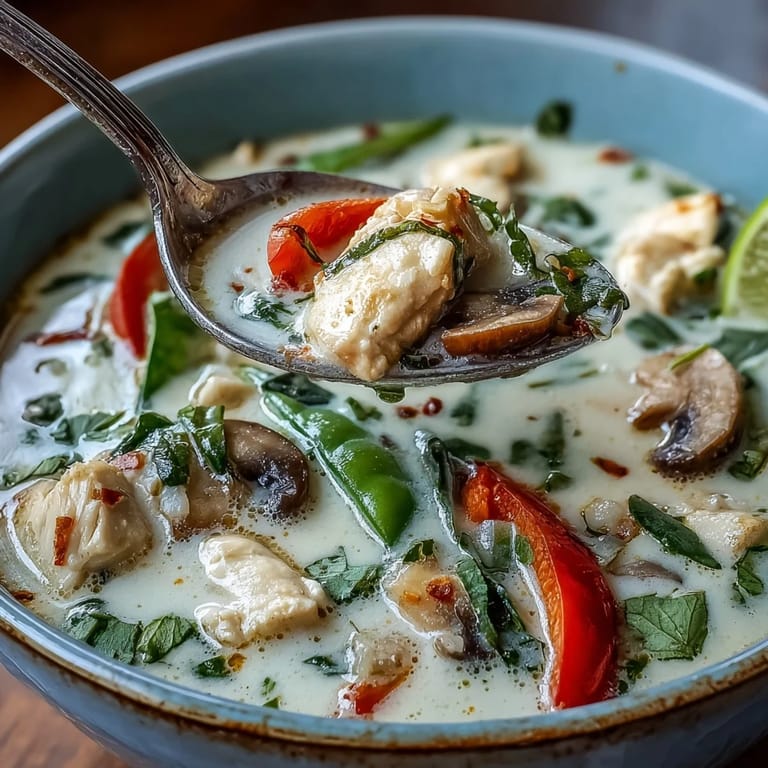 Fresh Thai basil, cilantro, and lime wedges garnish a steaming bowl of Thai Chicken Coconut Curry Soup.
