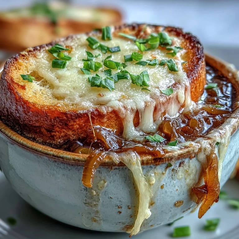 French Onion Soup in an oven-safe bowl topped with toasted bread and melted Gruyère under the broiler.
