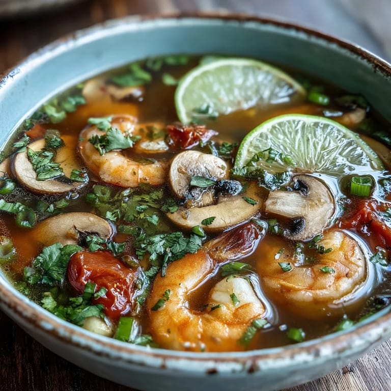 A spicy and sour Tom Yum Soup garnished with cilantro and green onions, served hot in a ceramic bowl.