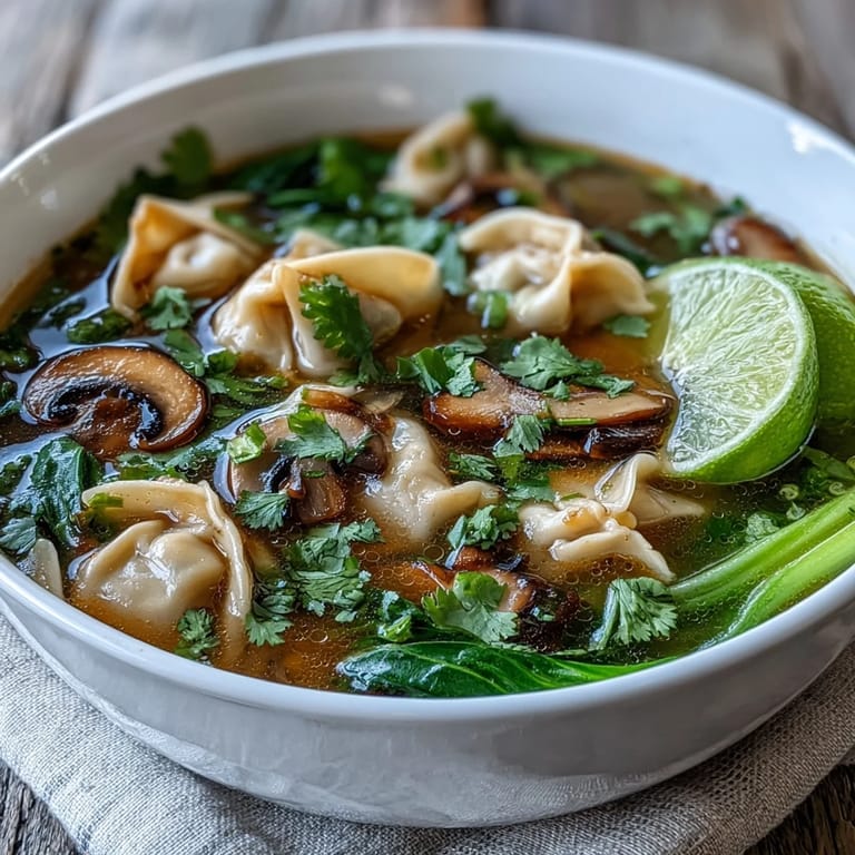 Vibrant Tom Yum Wonton Soup with plump shrimp and mushrooms in an aromatic, tangy broth, ready to be enjoyed.