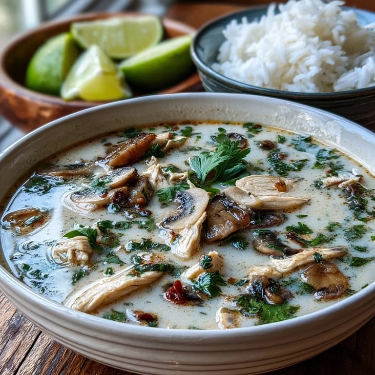 A steaming bowl of Tom Kha Soup garnished with cilantro and lime wedges on the side.