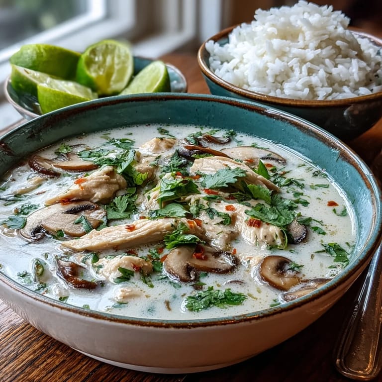 Thai-style Tom Kha Soup served hot with sliced chicken, mushrooms, and aromatic broth.