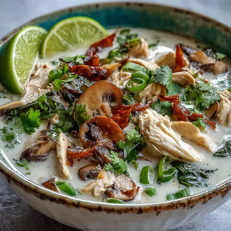 Freshly prepared Authentic Tom Kha Gai in a rustic setting, highlighting galangal and lemongrass for a classic Thai presentation.