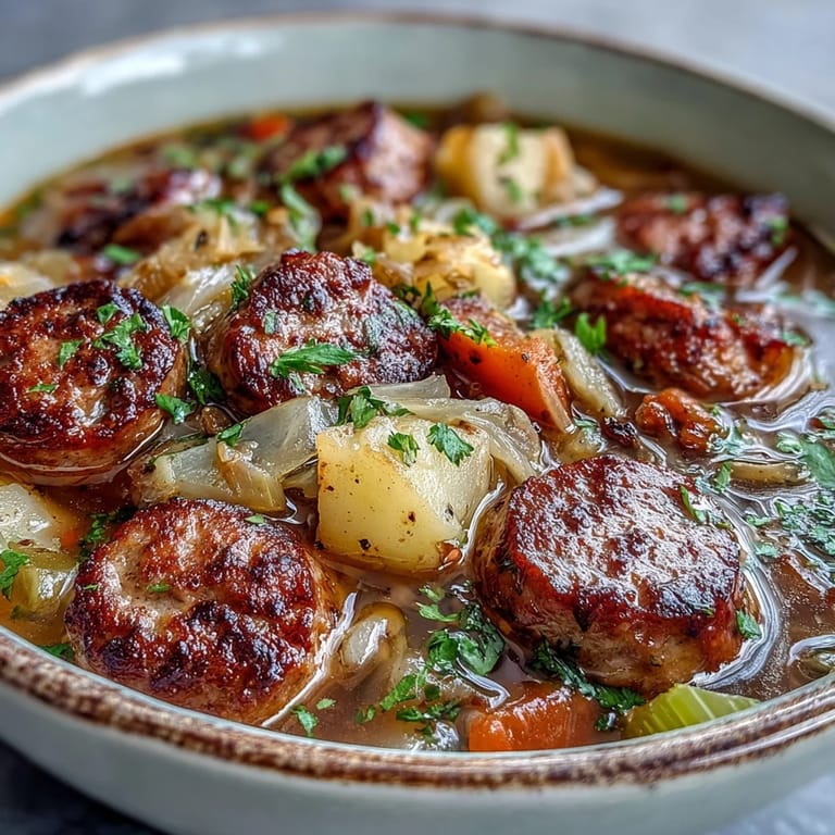 Close-up of Sausage, Potato and Cabbage Soup featuring smoked kielbasa rounds, tender potatoes, and chopped green cabbage in a rich golden broth.