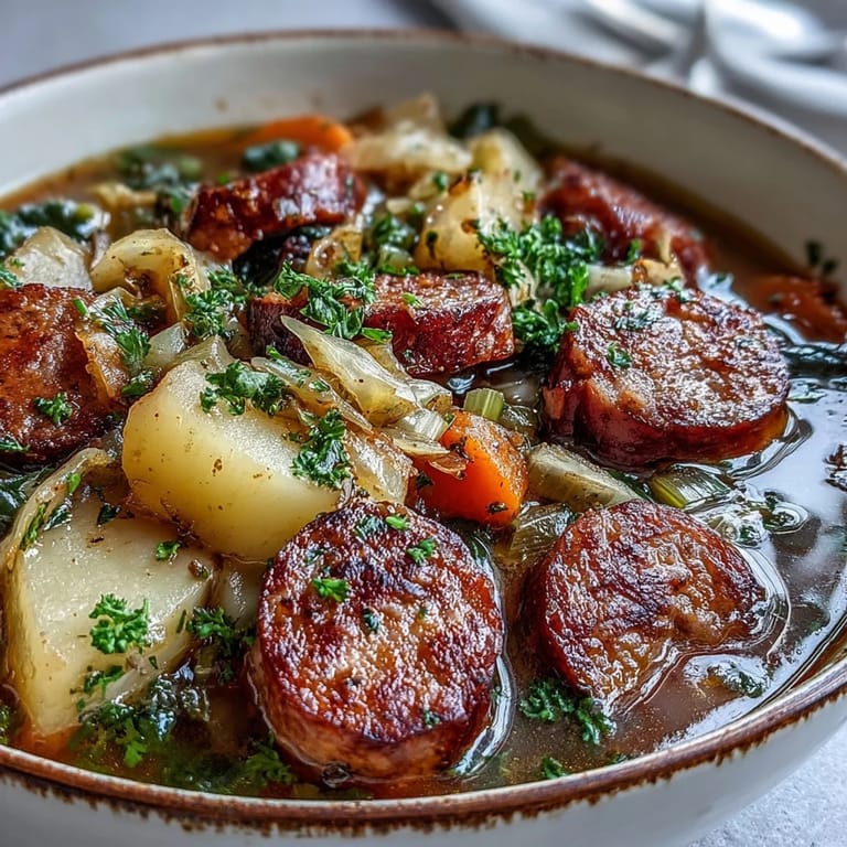 Rustic Dutch oven filled with homemade Sausage, Potato and Cabbage Soup, ready to be ladled out for a hearty family meal.