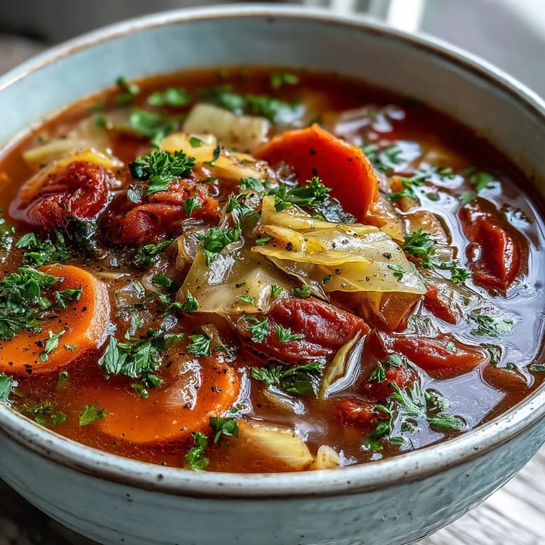 Close-up of a ladle serving Classic Cabbage Soup into a rustic bowl, with fresh parsley garnish and steam rising, ready to enjoy.