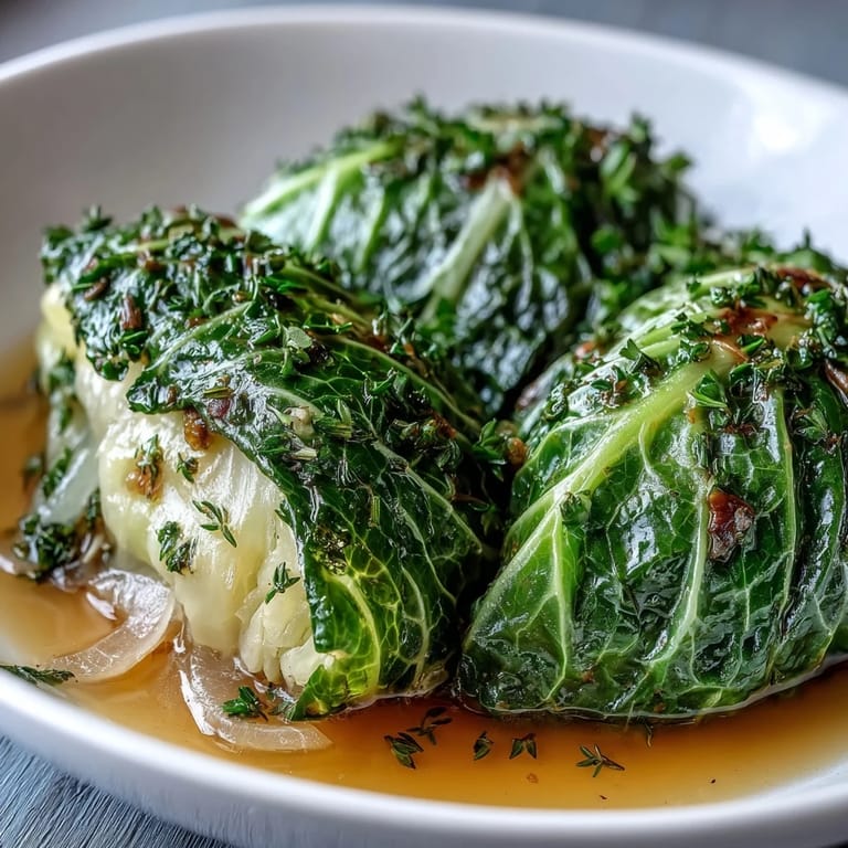 Golden-brown cabbage wedges rest in a savory herby Parmesan broth, served in a shallow bowl with extra grated cheese.