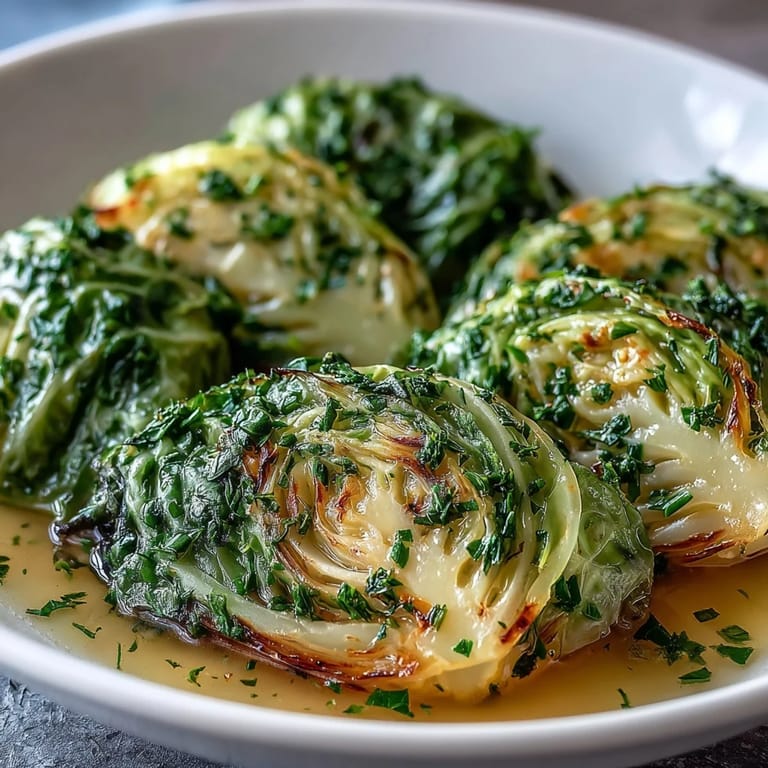 A close-up of Herby Cabbage in Parmesan broth, featuring wilted herbs and melted cheese clinging to the cabbage leaves.