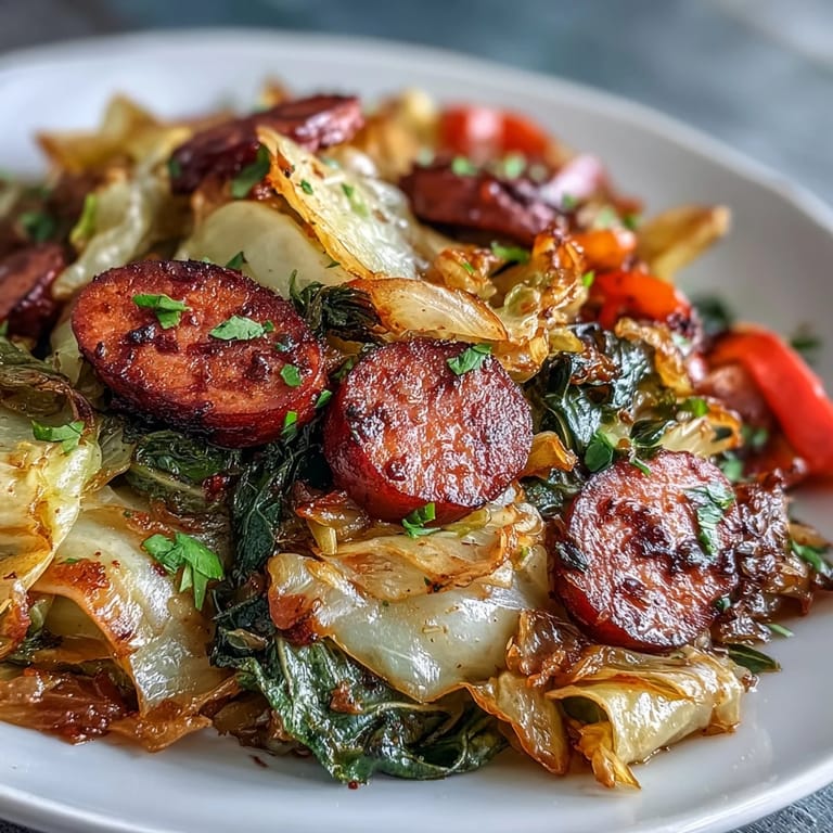 Golden cabbage and onions caramelized in a one-pan skillet alongside smoky sausage, creating a cozy, low-carb weeknight dinner for four.
