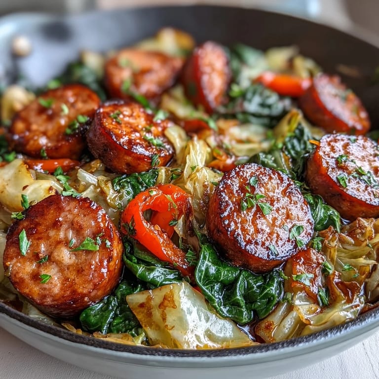 A savory skillet of smothered cabbage and sausage, garnished with herbs and ready to serve with crusty bread or mashed potatoes.