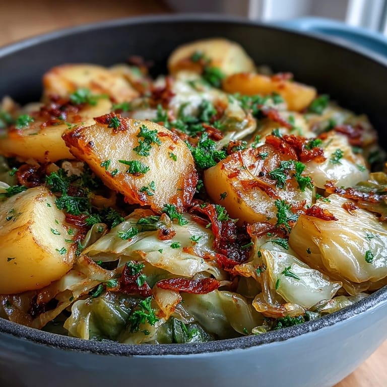 Steam rising from a pot of braised cabbage with potatoes and chili, served hot with lemon wedges.