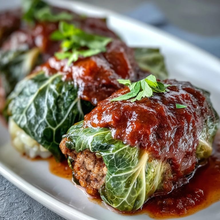 Savory cabbage rolls stuffed with ground beef and rice, nestled in a bubbly tomato sauce ready to serve.  