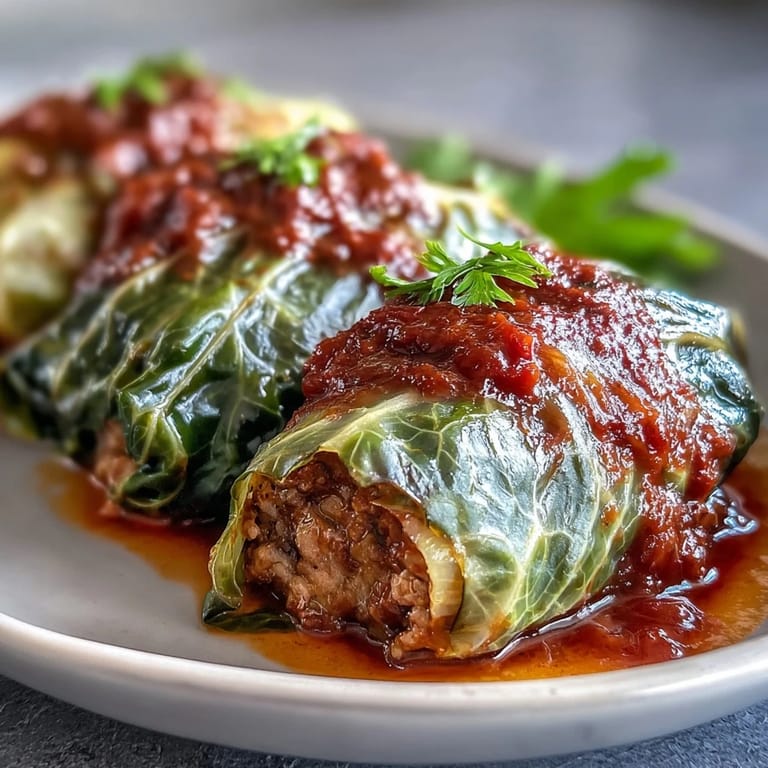 Tender homemade cabbage rolls arranged in a baking dish, topped with a fragrant thyme-infused tomato sauce.
