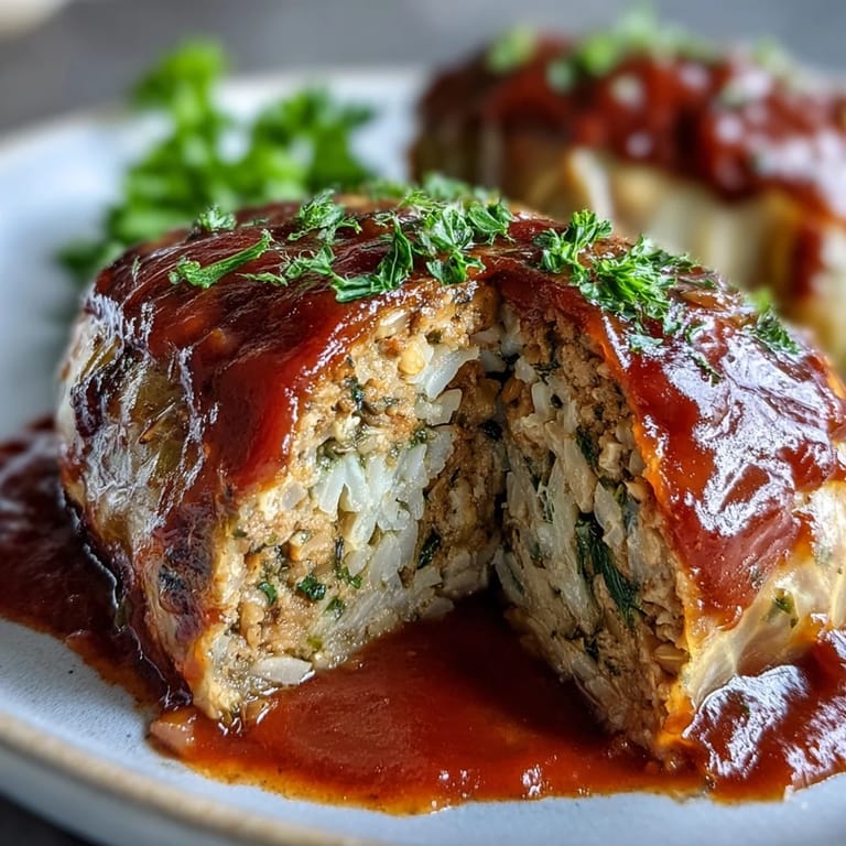 A close-up of tender cabbage leaves wrapped around a savory lentil mixture, baked to perfection in aromatic tomato sauce.